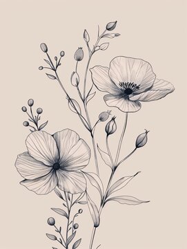 Elegant botanical design with modern wildflowers and simplistic blooms for wall decor or wedding stationery, featuring hand-drawn herb leaves. Rustic and chic.
