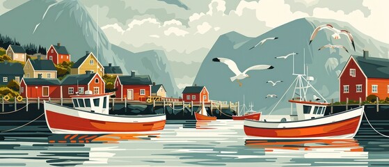 A painting of a harbor with two boats and a few houses - obrazy, fototapety, plakaty