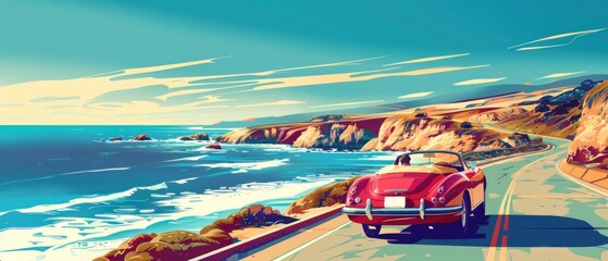 A red convertible is driving down a road near the ocean