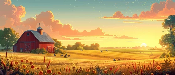 Poster A red barn sits in a field of yellow grass © Woraphon