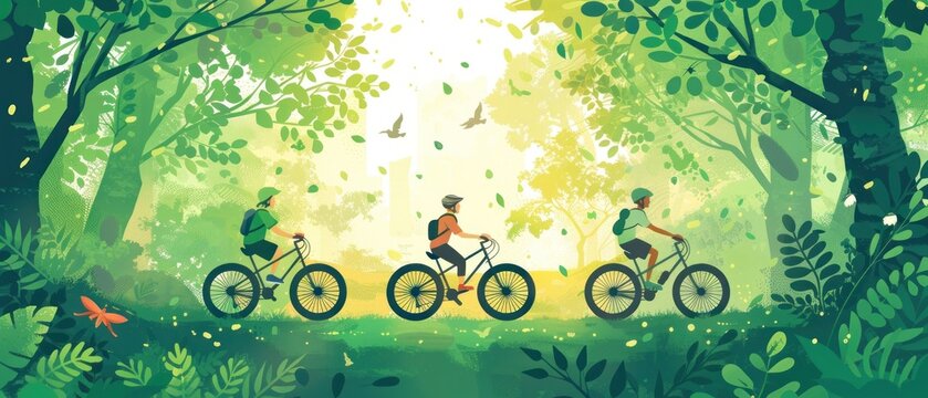 Three people are riding bikes in a forest