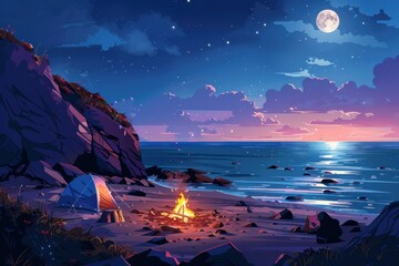 A beautiful beach scene with a campfire and a tent - obrazy, fototapety, plakaty