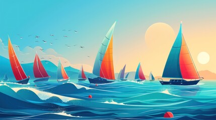 A group of sailboats are sailing in the ocean - obrazy, fototapety, plakaty