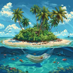 A painting of a tropical island with palm trees