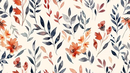 Hand-painted vintage floral pattern with abstract elements on an ivory background.