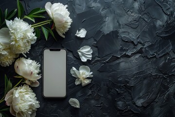 A modern smartphone lies on a textured surface surrounded by lush peonies, symbolizing the blend of technology and nature.