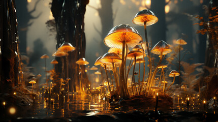 Gold fantasy mushroom in fantastic forest