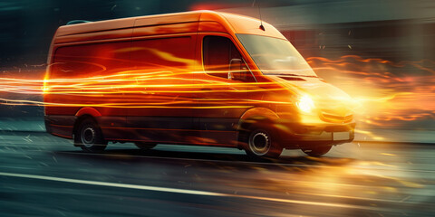 Burning rubber Fiery orange van speeding through city streets with flames billowing out from behind