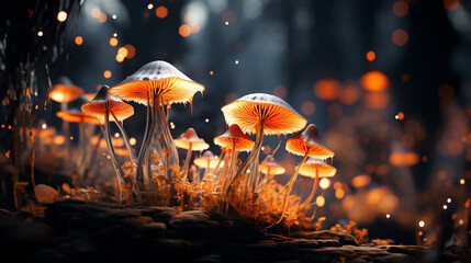 Gold fantasy mushroom in fantastic forest - obrazy, fototapety, plakaty