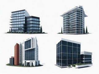 Different styles of modern buildings isolated on white background, high rise buildings.