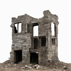 Ruined building isolated on white background