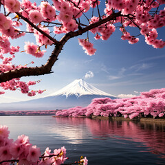 cherry blossom with mountain and lake