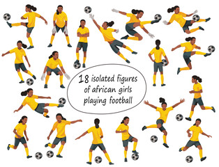 African school girls women's football players in various poses in yellow T-shirts on a white background