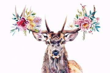 Rolgordijnen a watercolor of a deer with flowers on it © Galina
