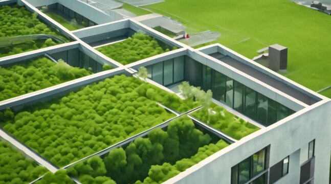 Drone footage of a green roof reducing urban heat.
