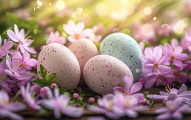 Fototapeta na wymiar Decorative eggs nestled among spring flowers
