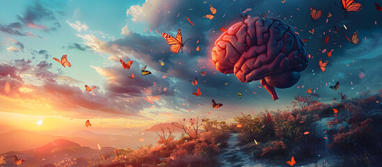 Human brain connected to nature and mental wellness concept with butterflies and positive imagery.
