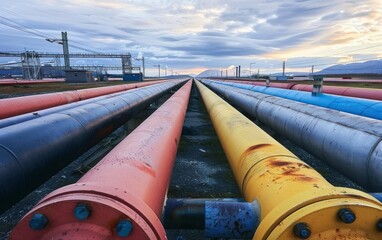 Vibrant pipelines at sunset with mountains backdrop