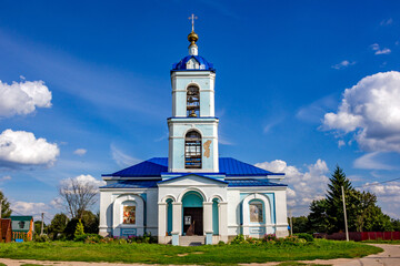 Fototapeta na wymiar Ivanovskoe, Russia - August 2018: View of the building of the old church of the Nativity of the Blessed Virgin Mary of the 18th century in the village of Ivanovskoe