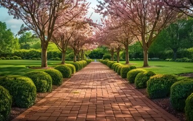 Pathway lined with cherry blossoms in park