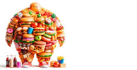 A figurine made of various unhealthy food items on a white background, depicting the concept of obesity. Generative AI - obrazy, fototapety, plakaty