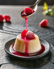 A vivid red raspberry coulis being artfully drizzled over a vanilla panna cotta, set on a sleek, dark stone countertop, highlighting the contrast of colorы