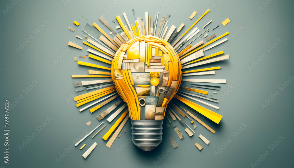 Poster A stylized lightbulb filled with architectural elements on a teal background, symbolizing a concept in creative business. Generative AI