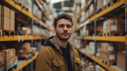 Portrait of handsome young man standing in warehouse. This is a freight transportation and distribution warehouse. Industrial and industrial workers concept