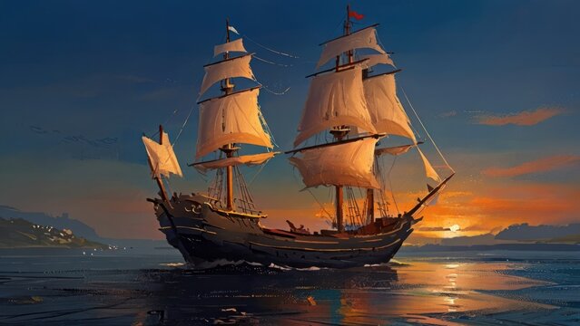A painting of a ship in the sunset