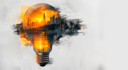 A lightbulb with a cityscape and sunset within, on a white artistic background, symbolizing a business concept. Generative AI