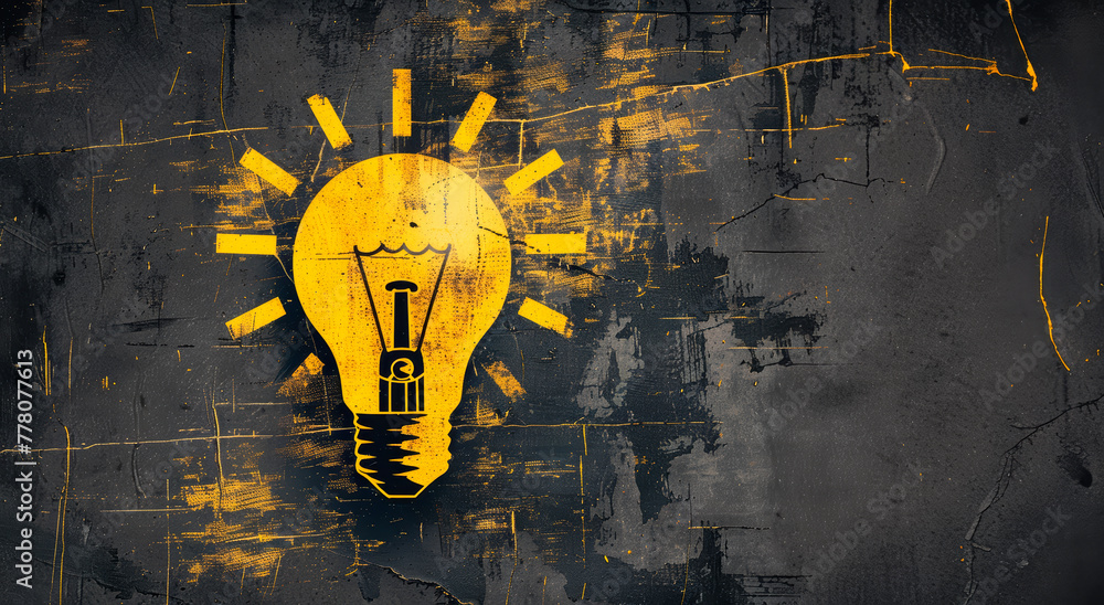 Poster a stylized image of a bright yellow lightbulb on a textured dark grey background, symbolizing creati