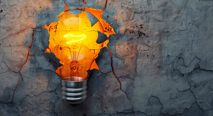 A lightbulb emerges through a cracked concrete wall, glowing brightly, symbolizing a breakthrough idea on a textured grey and orange background. Generative AI