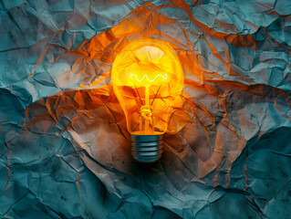 A glowing lightbulb against a crumpled paper background, symbolizing a bright idea or creative concept, Generative AI. Generative AI