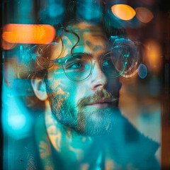 A man with glasses, bokeh effects, on a blurred background, creative portrait photography. Generative AI - obrazy, fototapety, plakaty