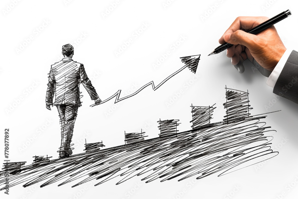 Poster hand-drawn sketch of a person walking towards increasing bar graphs, symbolizing growth or success, 