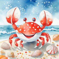 Namalowany uśmiechnięty czerwony krab na plaży ilustracja - obrazy, fototapety, plakaty