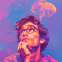 Illustrated man with glasses pondering, with a speech bubble, on a vibrant purple and pink background, expressing a creative concept. Generative AI