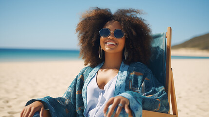 Happy young black woman relaxing on deck chair at beach wearing spectacles. Smiling african american girl with sunglasses enjoy vacation. Carefree happy young woman sunbathing at sea - obrazy, fototapety, plakaty