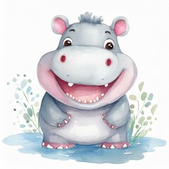 Namalowany uśmiechnięty bajkowy hipopotam ilustracja - obrazy, fototapety, plakaty
