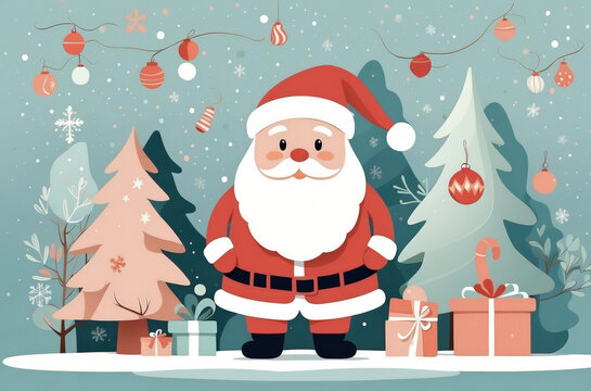 Colorful Santa Claus portrait illustration holiday seasonal theme concept with christmas decoration.
