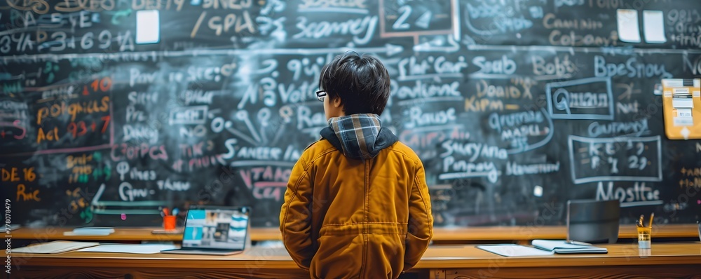 Poster teenage student deeply engaged in complex mathematics and equations on chalkboard in classroom setti