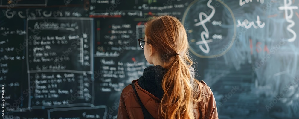 Poster bright young mind solving complex mathematical equations on chalkboard in classroom setting pursuing