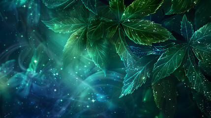 Stars and leaves intertwine dragon cosmic veins within leaves shimmering in emerald and sapphire against the night sky.