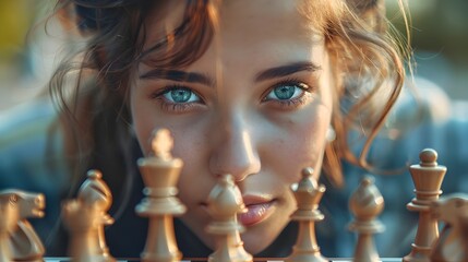 Contemplative Girl Engaged in Strategic Chess Game Intense Focus and Anticipation Evident in Her Penetrating Gaze