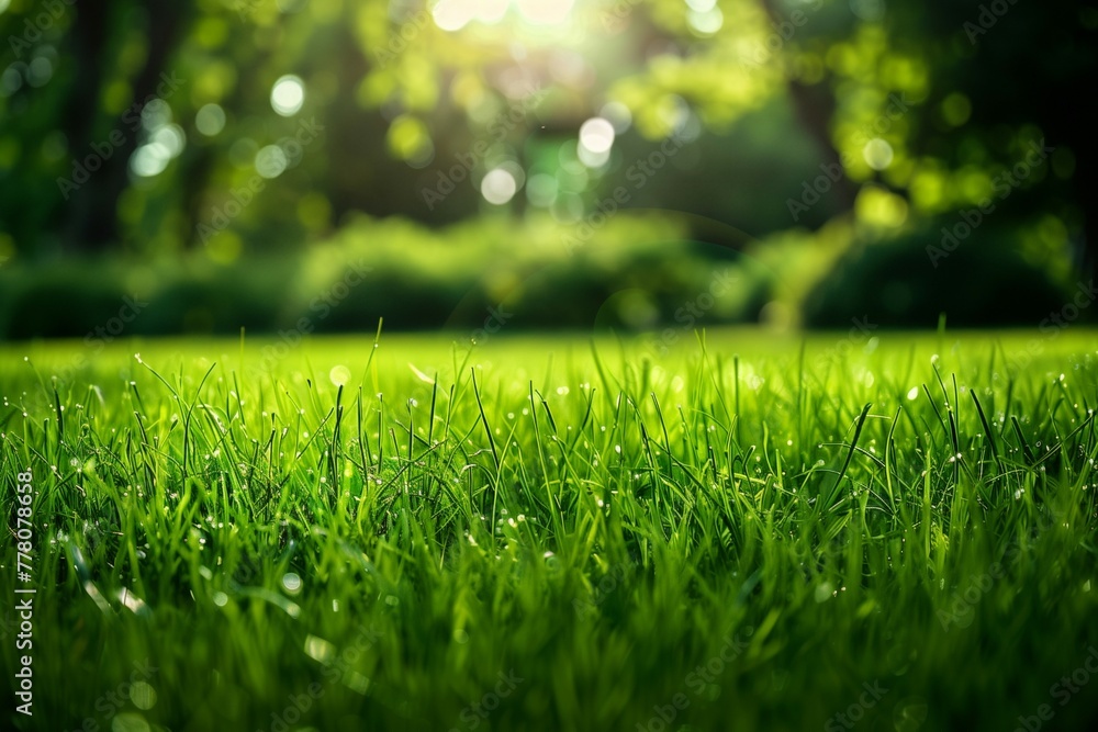 Poster a close up of a green grass field with trees in the background