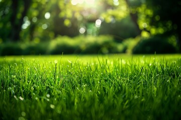 A close up of a green grass field with trees in the background