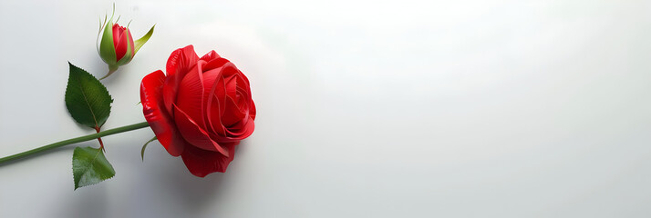 Red rose with leaves isolated for valentine background or romantic event white empty background - obrazy, fototapety, plakaty