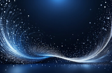 Background with blue and silver particle. bright Silver light shine particles bokeh on navy blue background. Silver foil texture. Holiday concept.