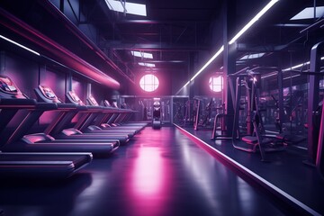 modern and futuristic gymnasium "For women only" with machines with many screens and lights with pink and purple colors. Night gymnasium without people