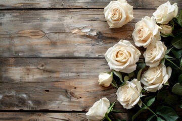a group of white roses on a wood surface
